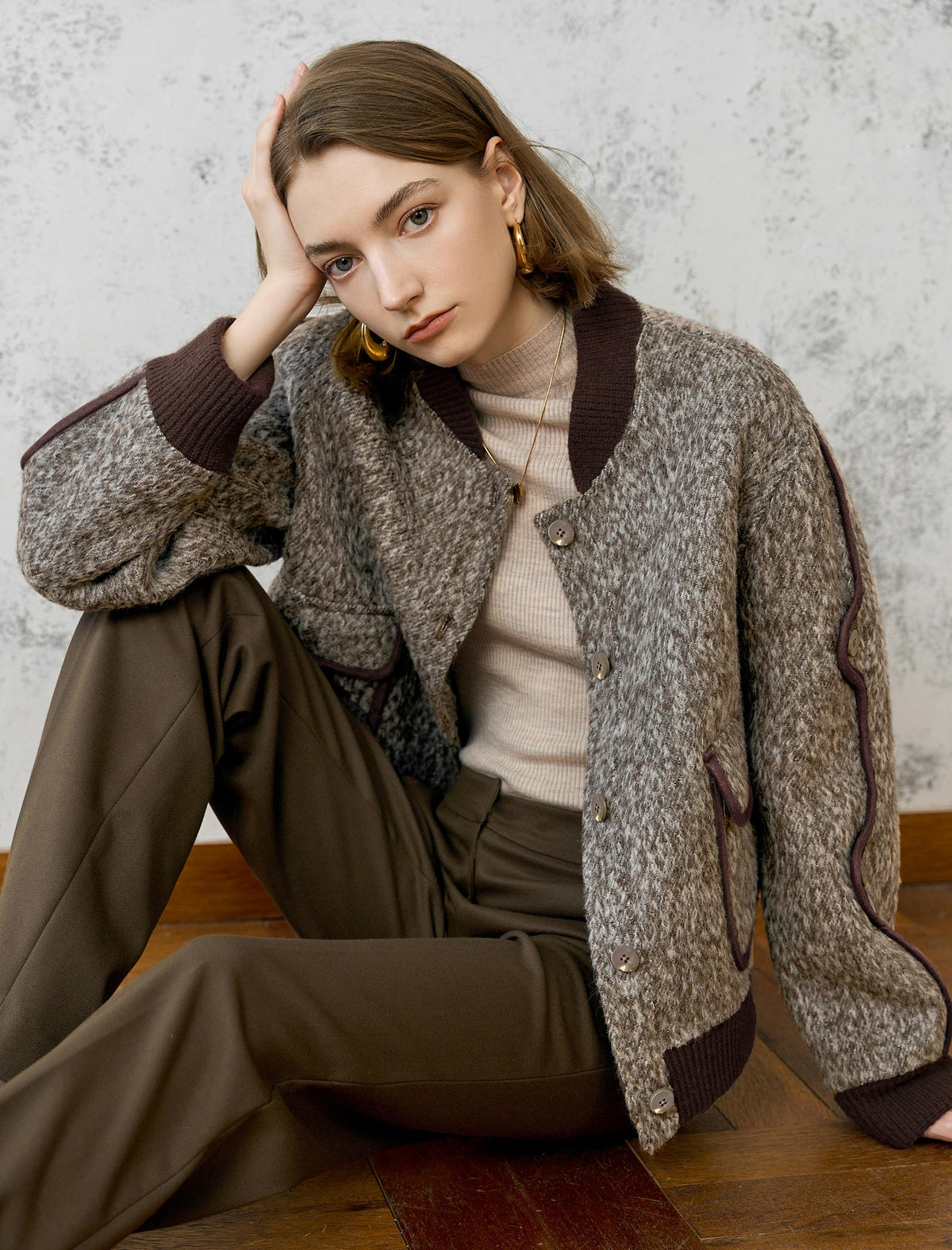 Wool-Blend Fuzzy Textured Bomber Jacket
