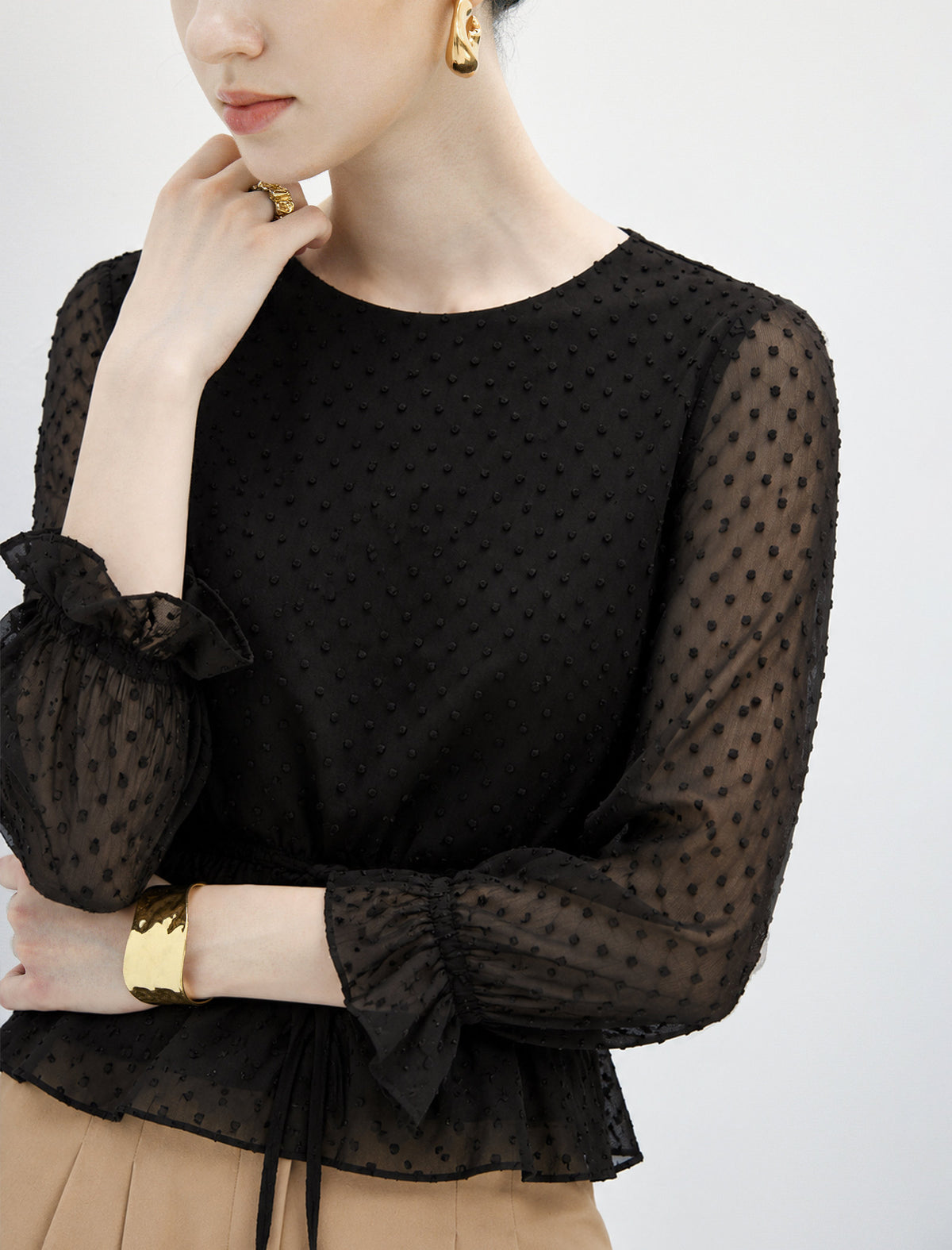 Polka Dot Crewneck Drawstring Cropped Top