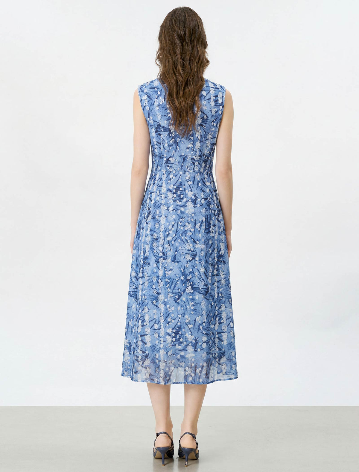 Blue Floral Sleeveless Wrap Midi Dress
