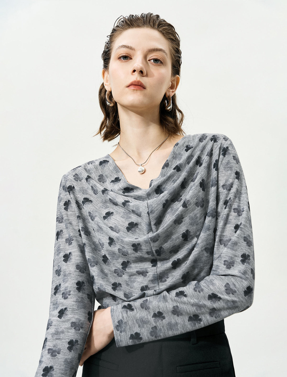 Floral Print Long-Sleeve Cowl-Neck Ruched Top