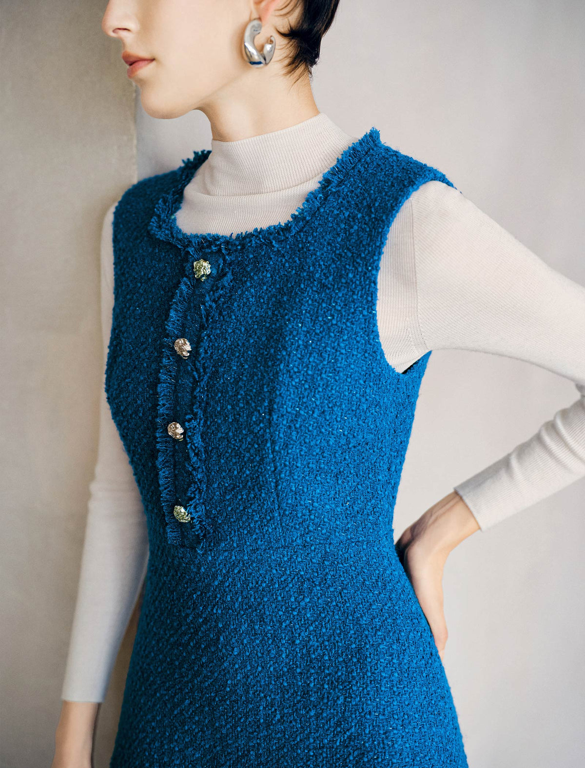 Wool Blend Textured Sleeveless Midi Dress