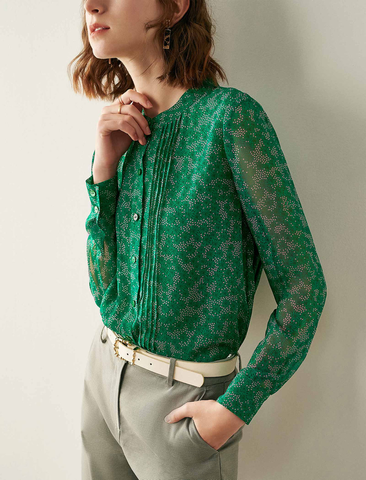 Emerald Green Ditsy-Print Pleated Blouse