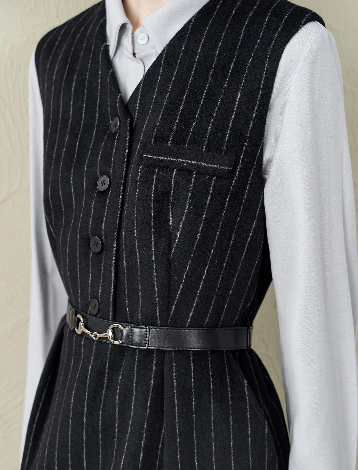 Wool-Blend V-Neck Pinstripe Sleeveless Midi Dress