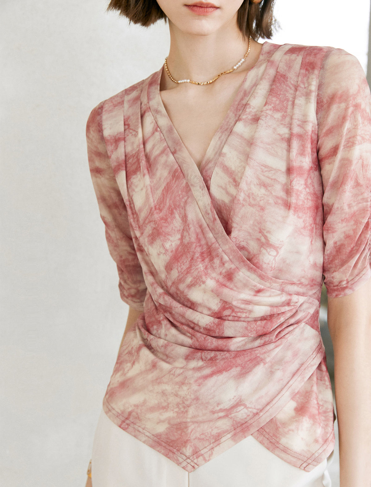 Tie Dye V-Neck Wrap Elbow Sleeve Top