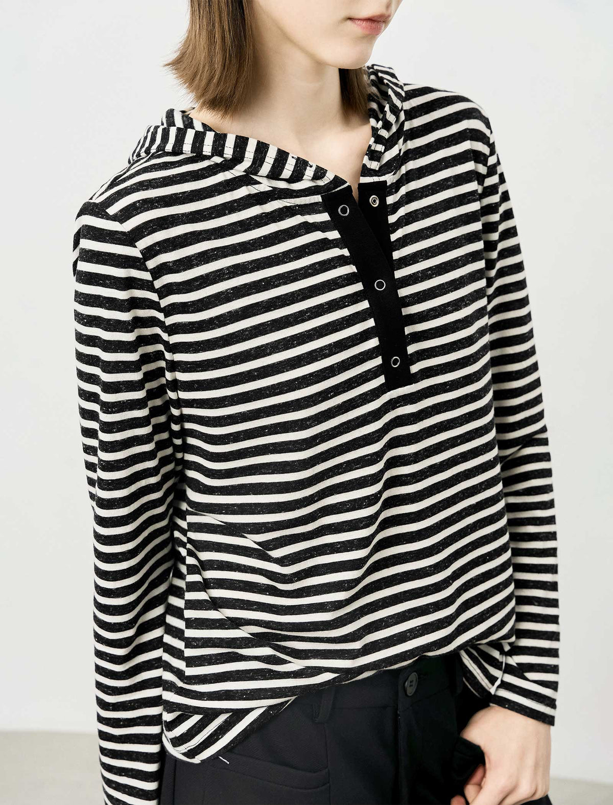 Stripe Long-Sleeve Hooded Henley Top