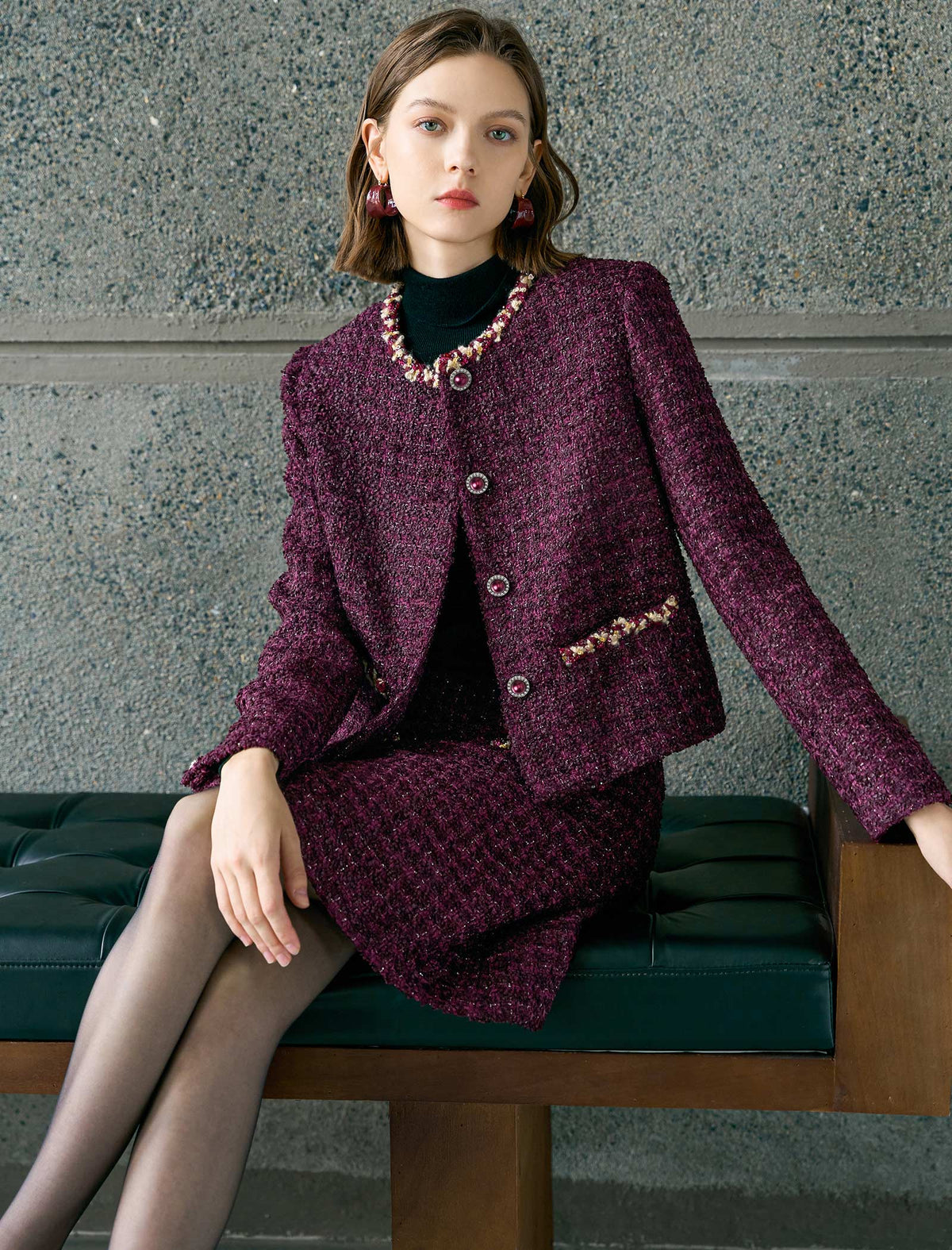 Burgundy Tweed Embellished Detail Jacket