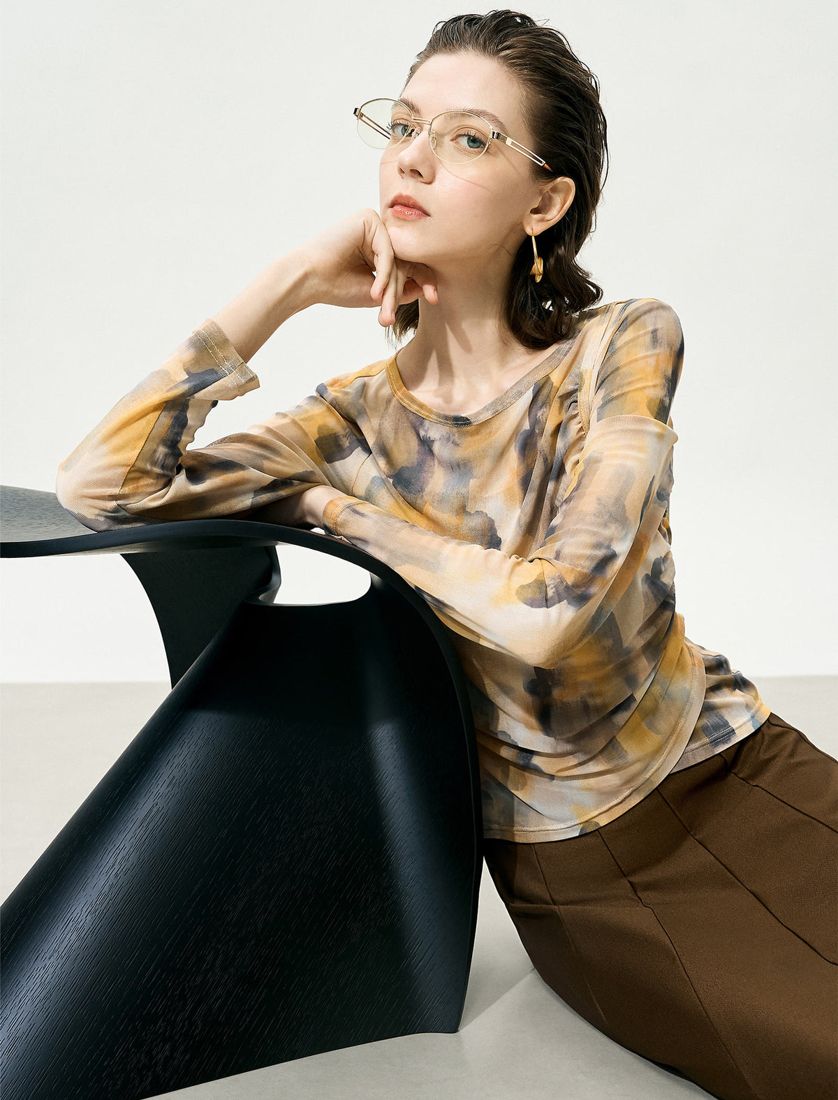Vintage Printed Long Sleeve Cutout Top