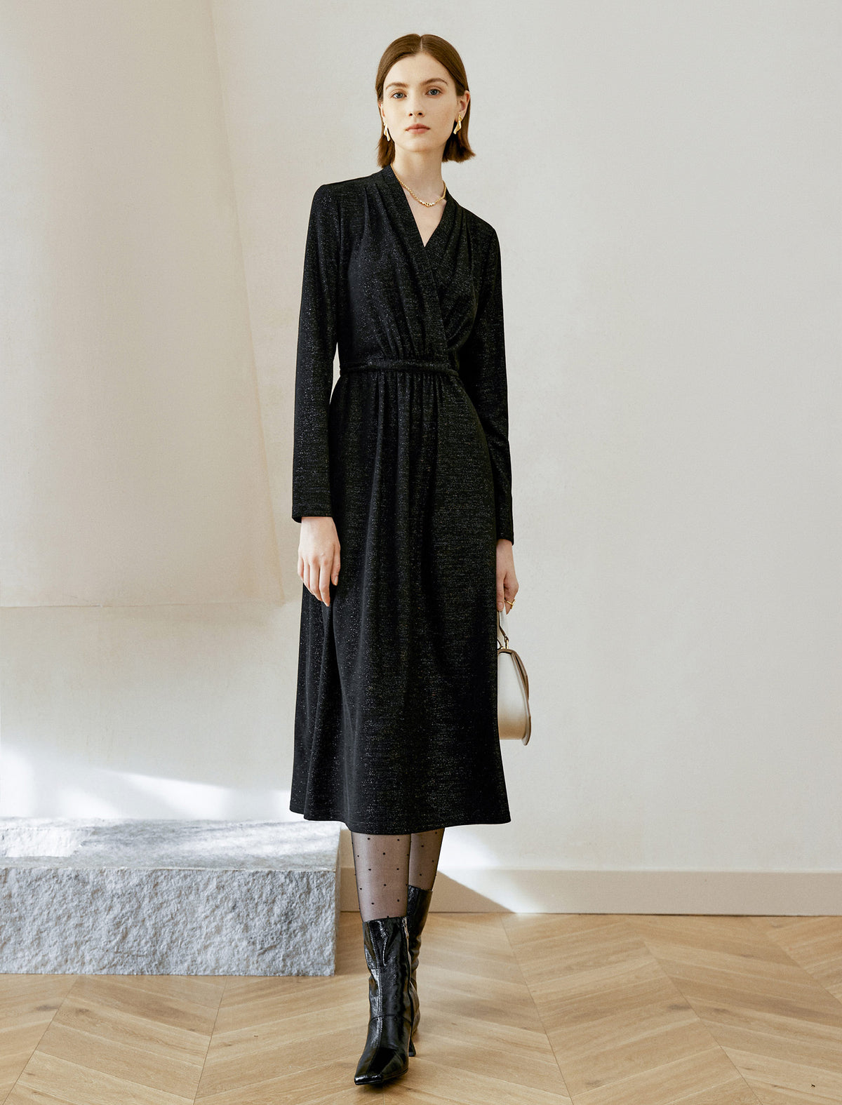 Glitter V-Neck Wrap Midi Dress