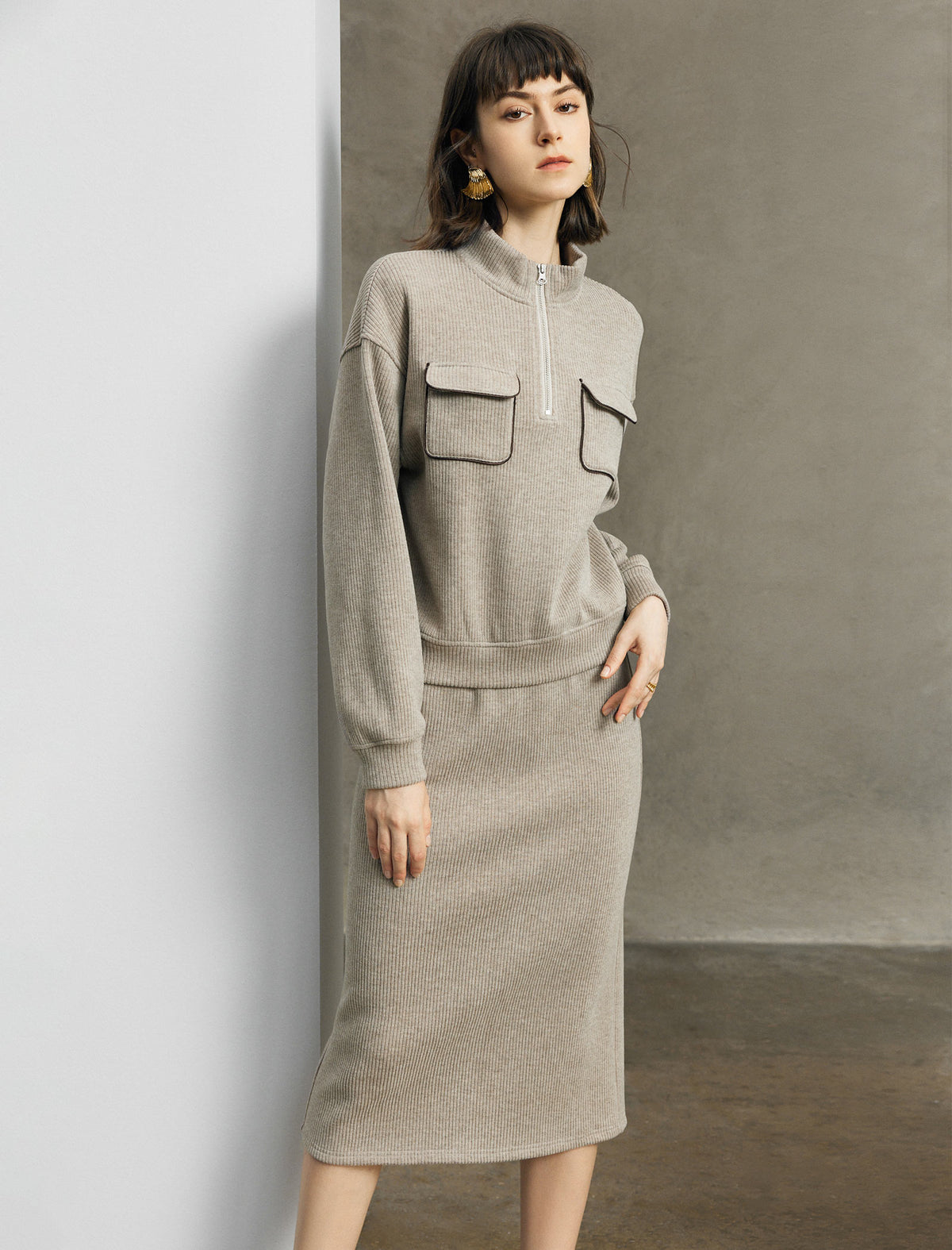 Stand-Collar Drop-Shoulder Half-Zip Relaxed Top