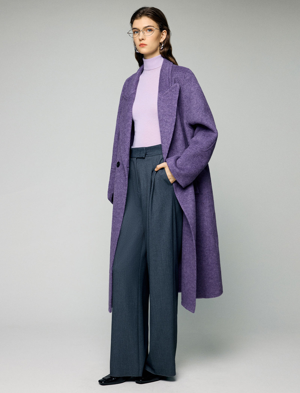 Wool Blend Notched-Lapel Double-Breasted Relaxed Long Coat