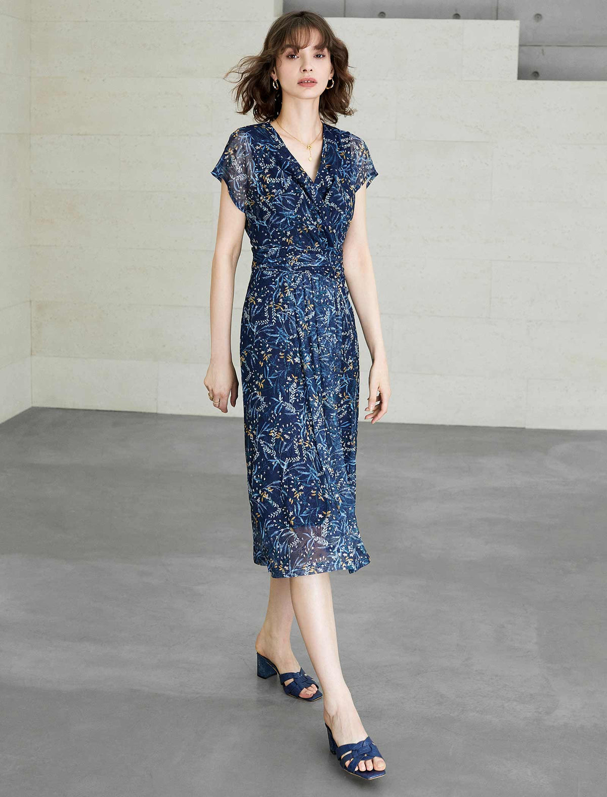 V-Neck Floral Waist-Cinched Dress