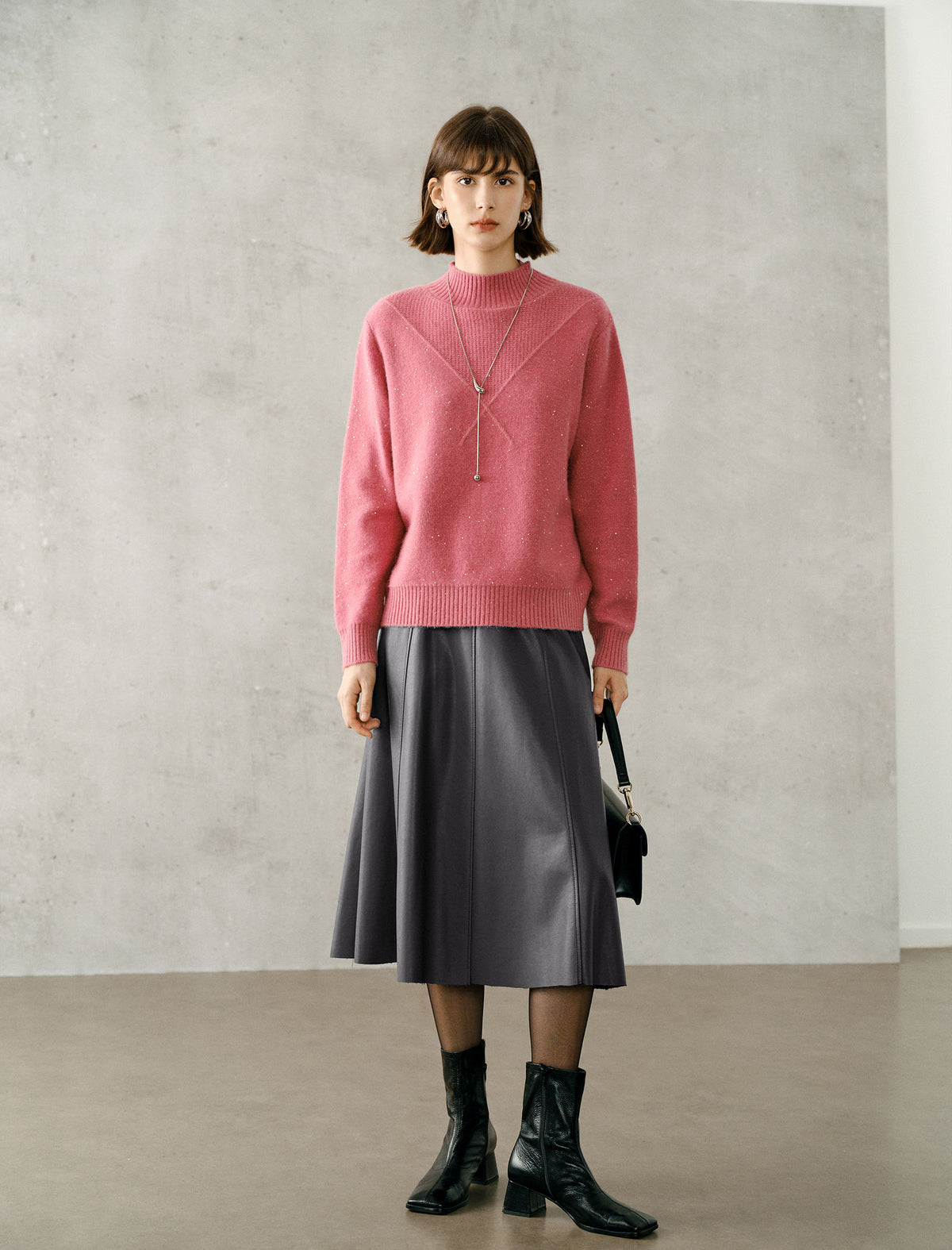 High-Waist Faux Leather A-Line Midi Skirt