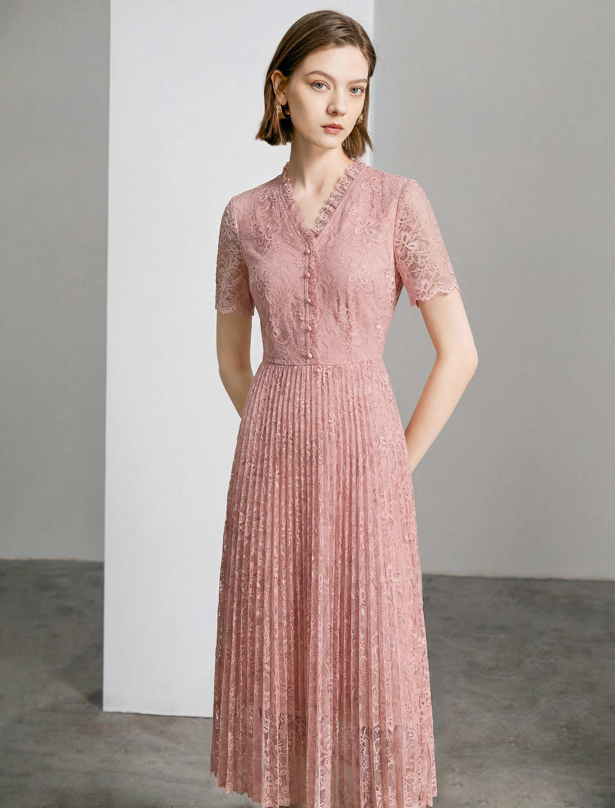 Blush Lace Pleated Midi Dress
