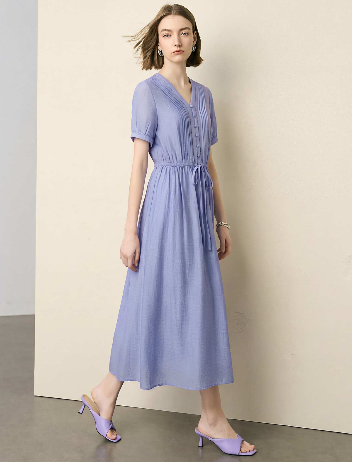 Drawstring Waist Midi Swing Dress with Button Placket