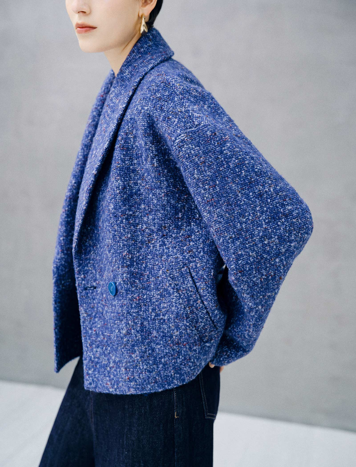 Shawl Collar Textured Double Breasted Cropped Jacket