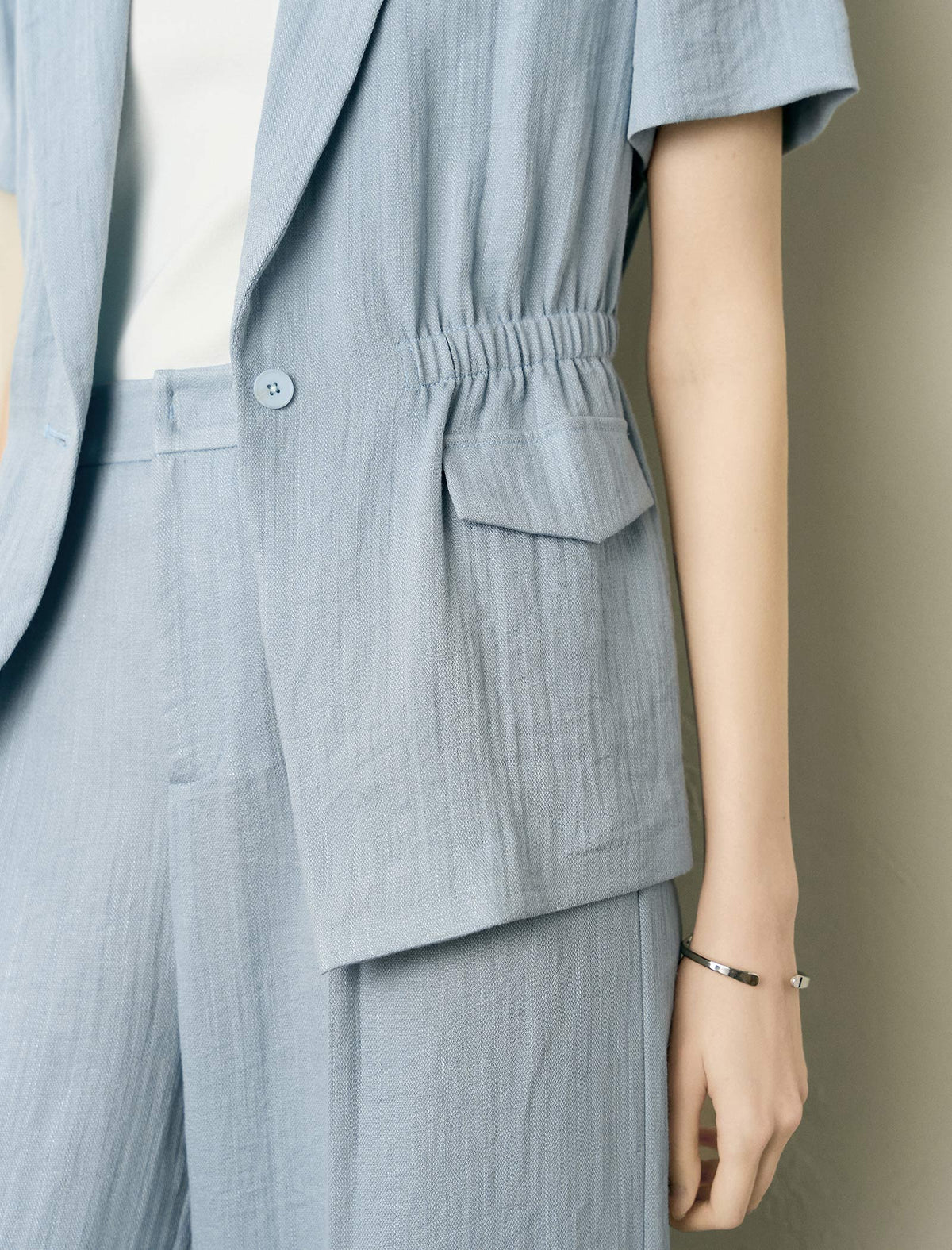 Single Button Ruched Waist Short Sleeve Blazer