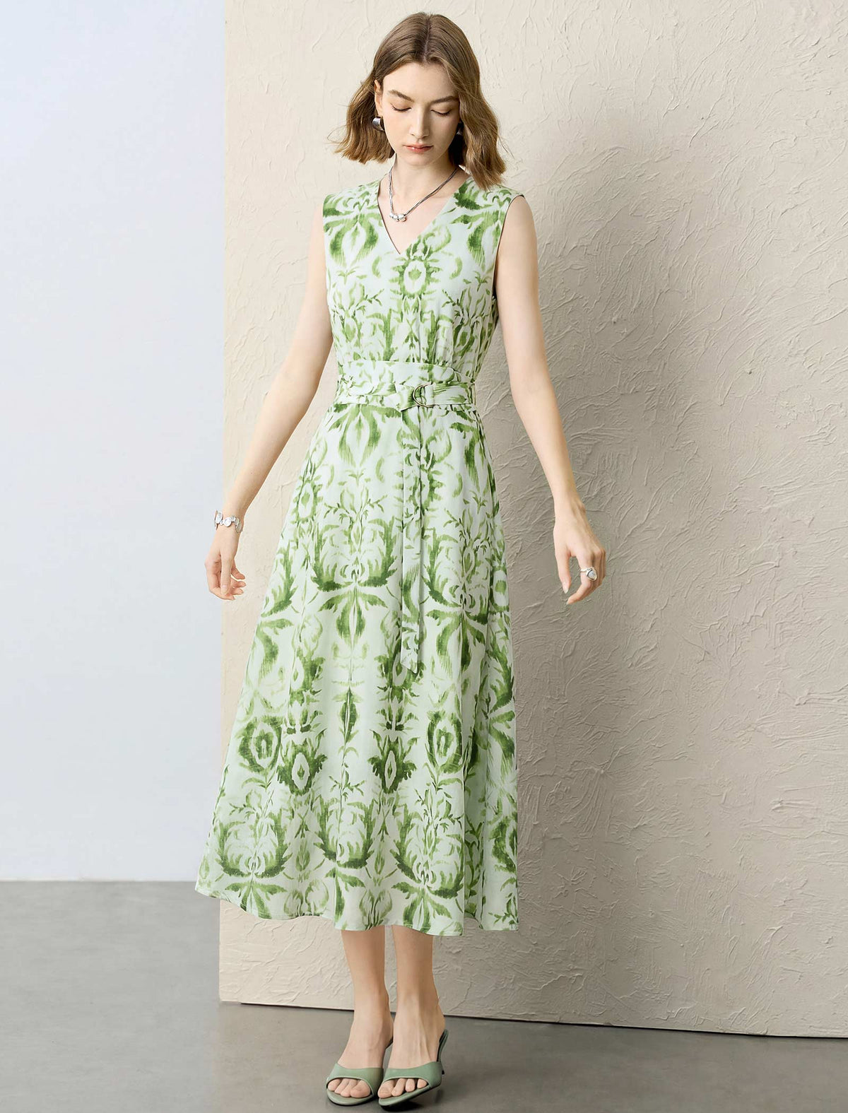 Green Ikat Print Sleeveless Midi Dress