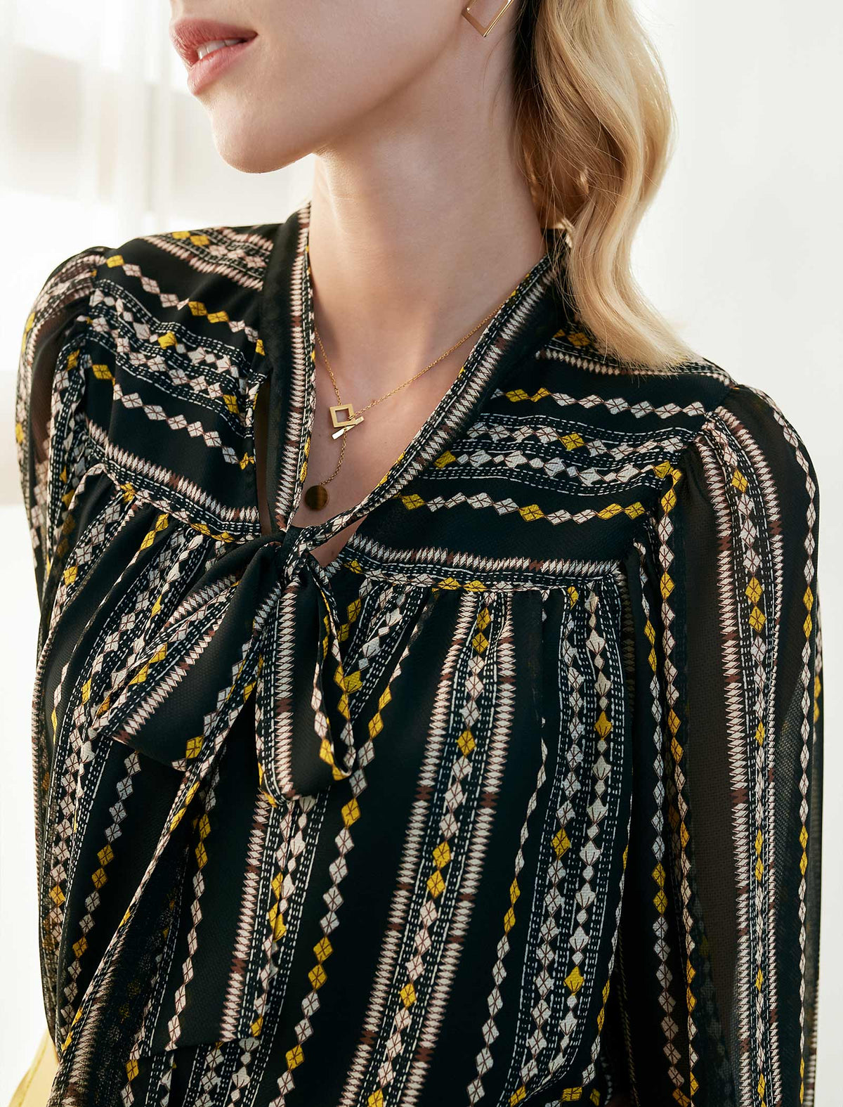 Print Tie-Neck Blouse