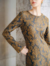 Pearl Beaded Crewneck Side Gathering Baroque Floral Knit Dress