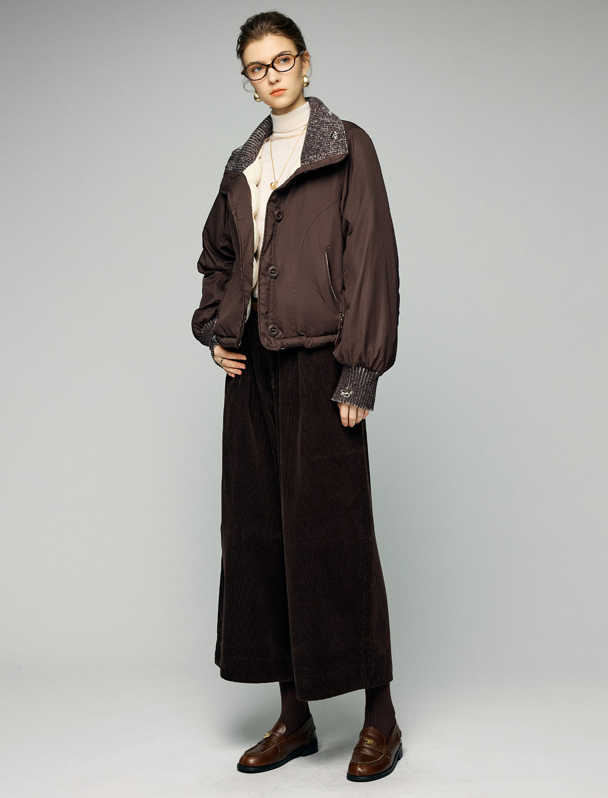 Textured-Trim Contrast-Collar Button-Front Puffer Jacket