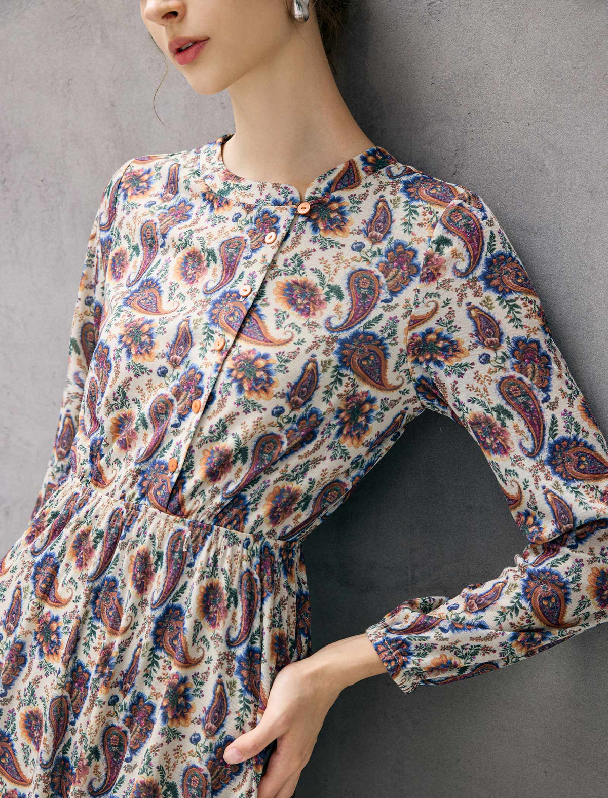 Paisley Print Stand-Collar Ruched-Waist Long Sleeve Midi Dress