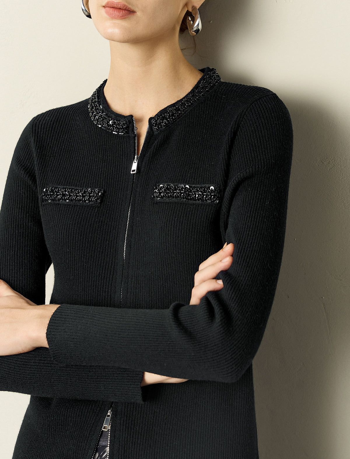 Beaded Zip‑Up Knit Cardigan