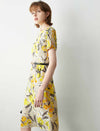 Yellow Floral 100% Mulberry Silk Belted Midi Dress