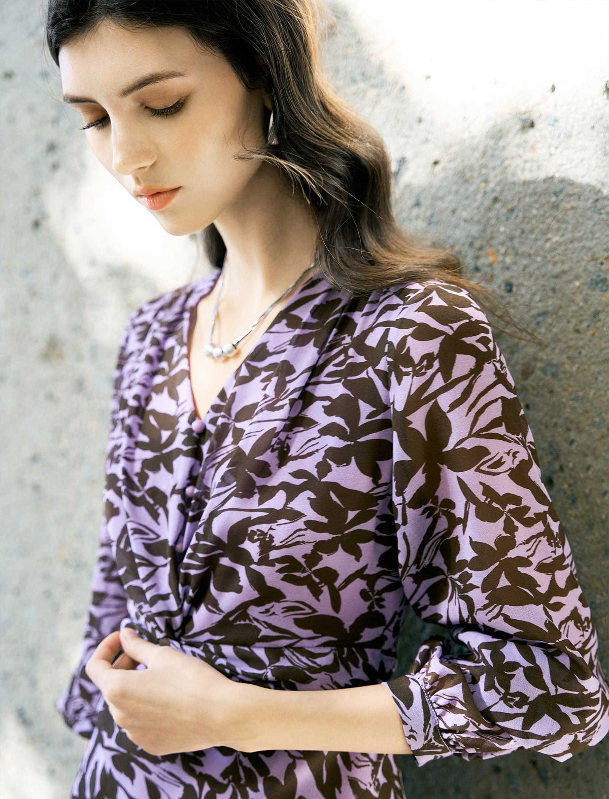 Lavender And Brown Floral Print Midi Dress