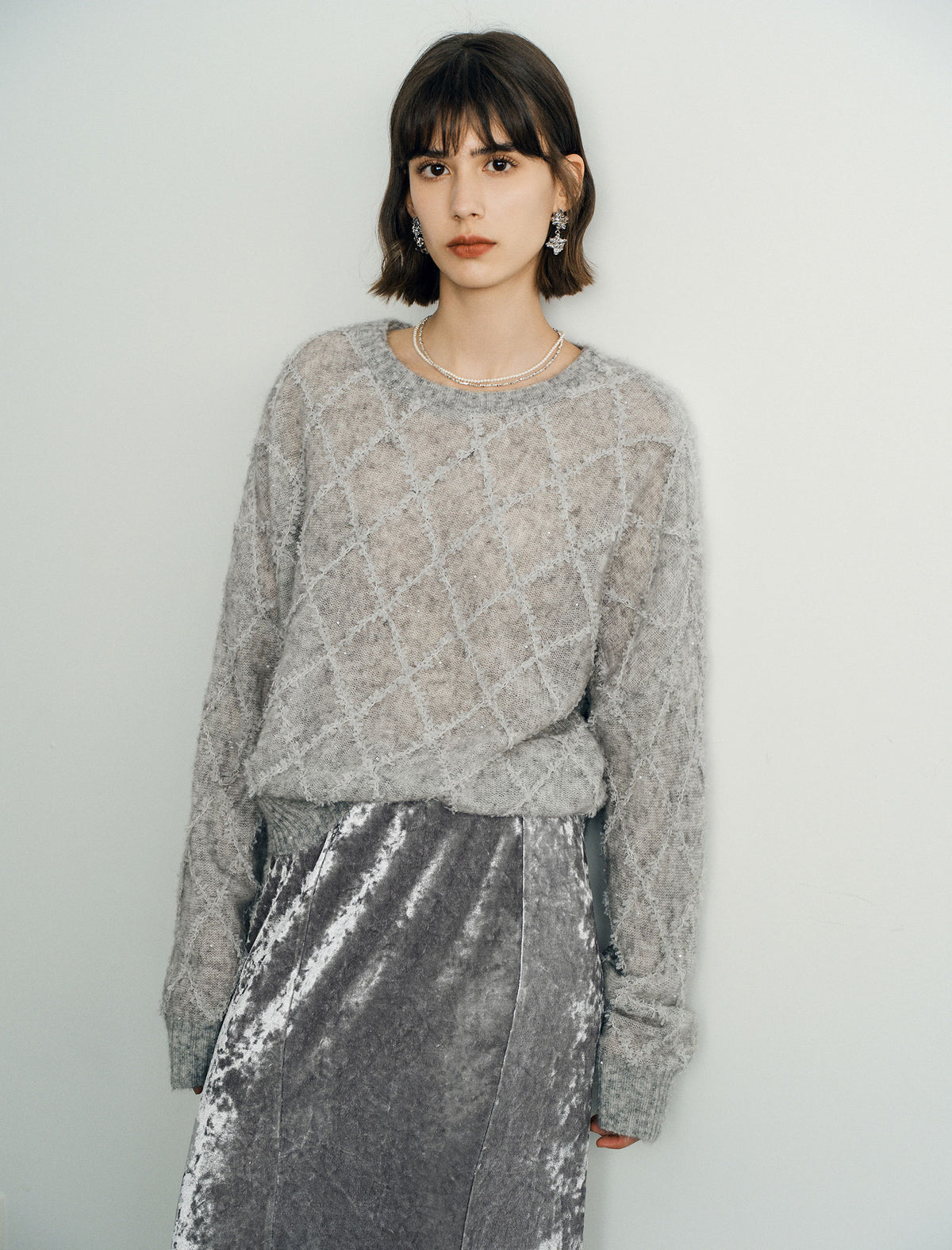 Mohair Sequins Diamond Knit Sweater