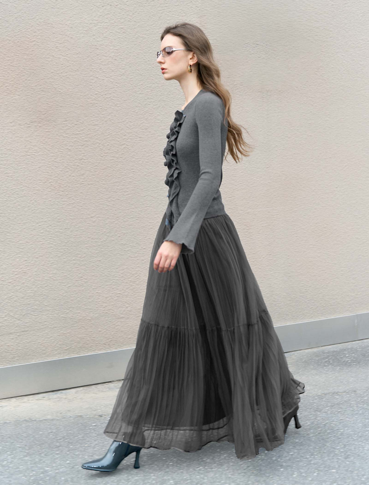 Grey Ruffled Button-Front Wool Knit Cardigan