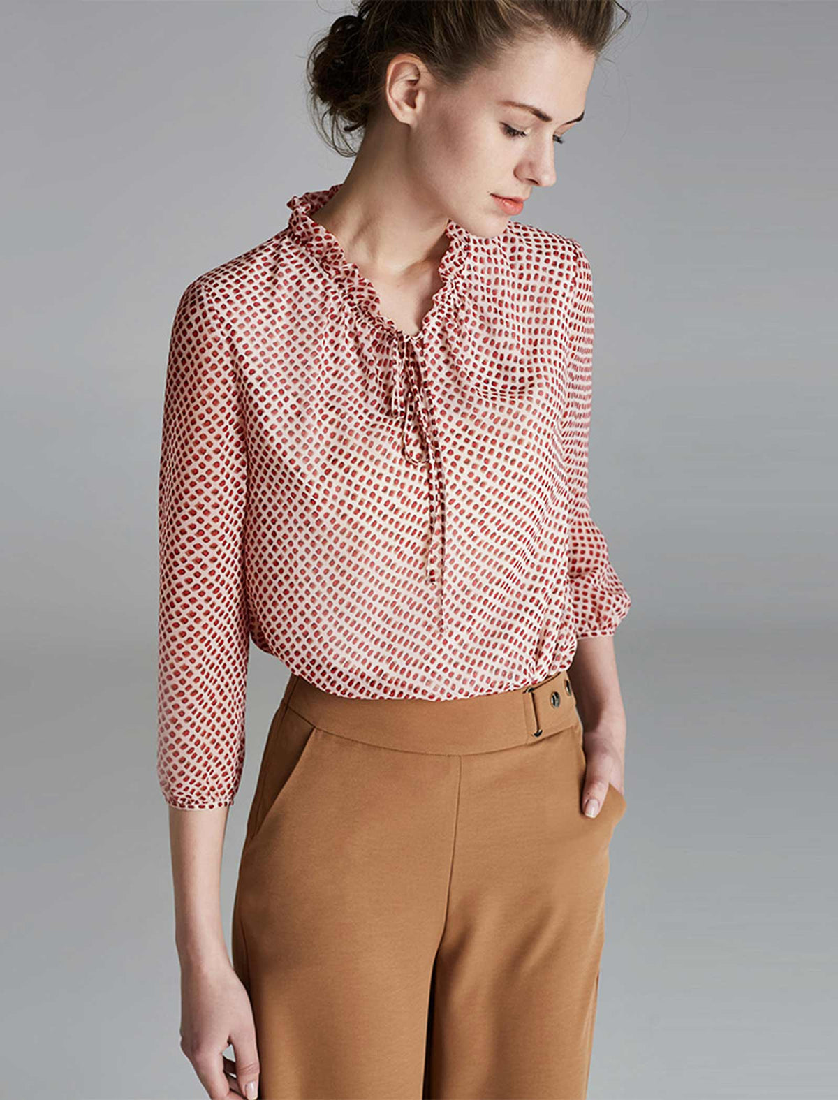 Print Ruffle Neck Blouse