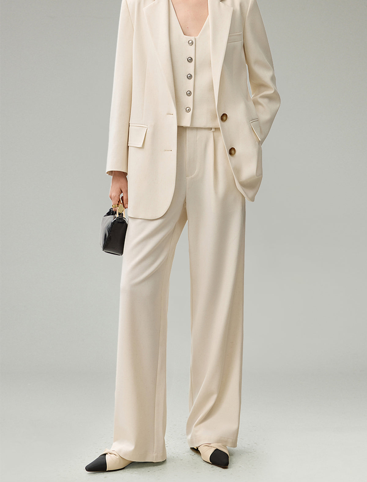 Linen Blend Wide-Leg Tailored Pants