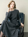 Plaid Wool-Blend Beaded Neckline Midi Dress
