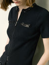 Embellished Zip Front Knit Top
