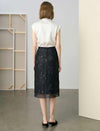 Black Sequin Floral Embroidery Mesh Midi Pencil Skirt