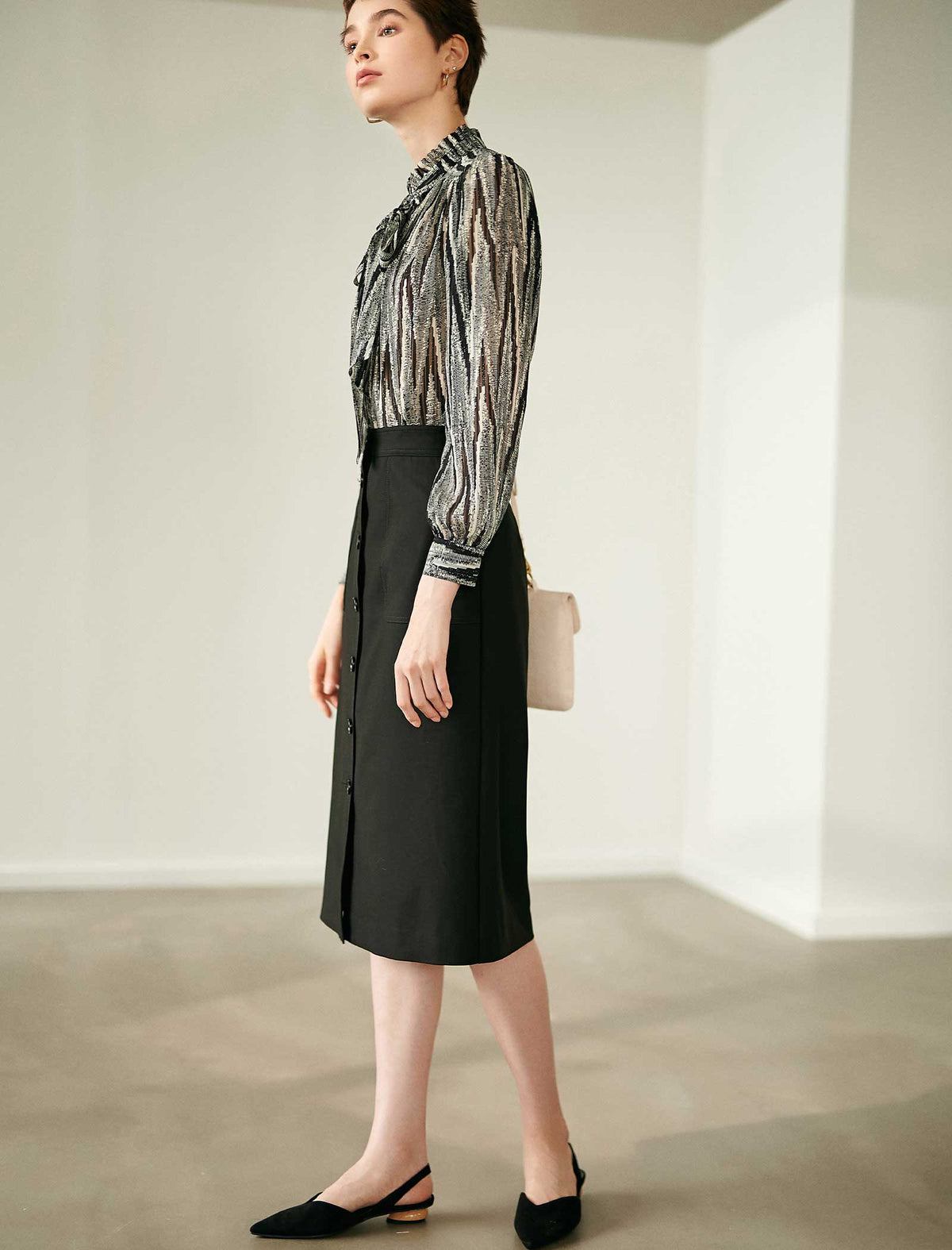 Black Button-Front Midi Pencil Skirt