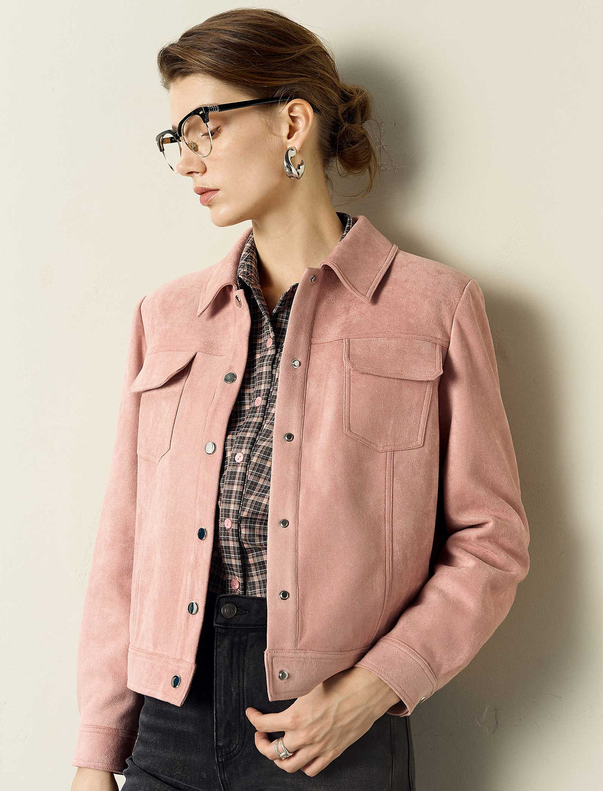 Suede-Feel Shirt Collar Button Jacket