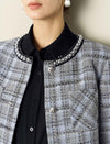 Plaid Tweed Jacket with Pearl Trim Collar