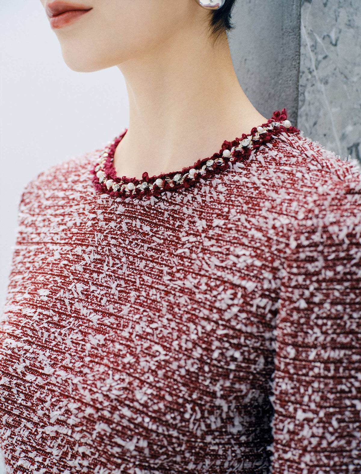 Pearl Trimmed Tweed Style Sheath Dress