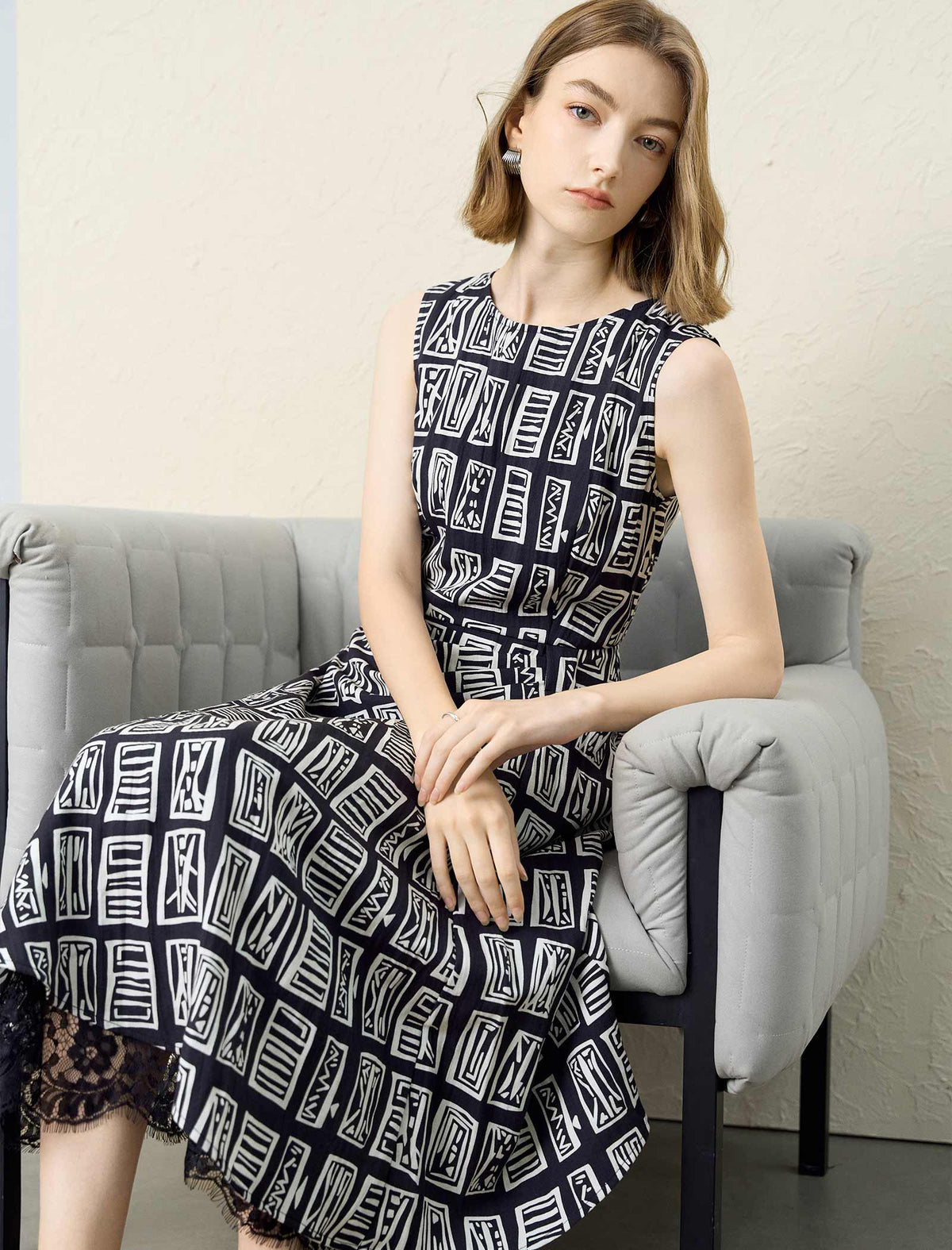 Graphic Print Tencel Linen Midi Dress