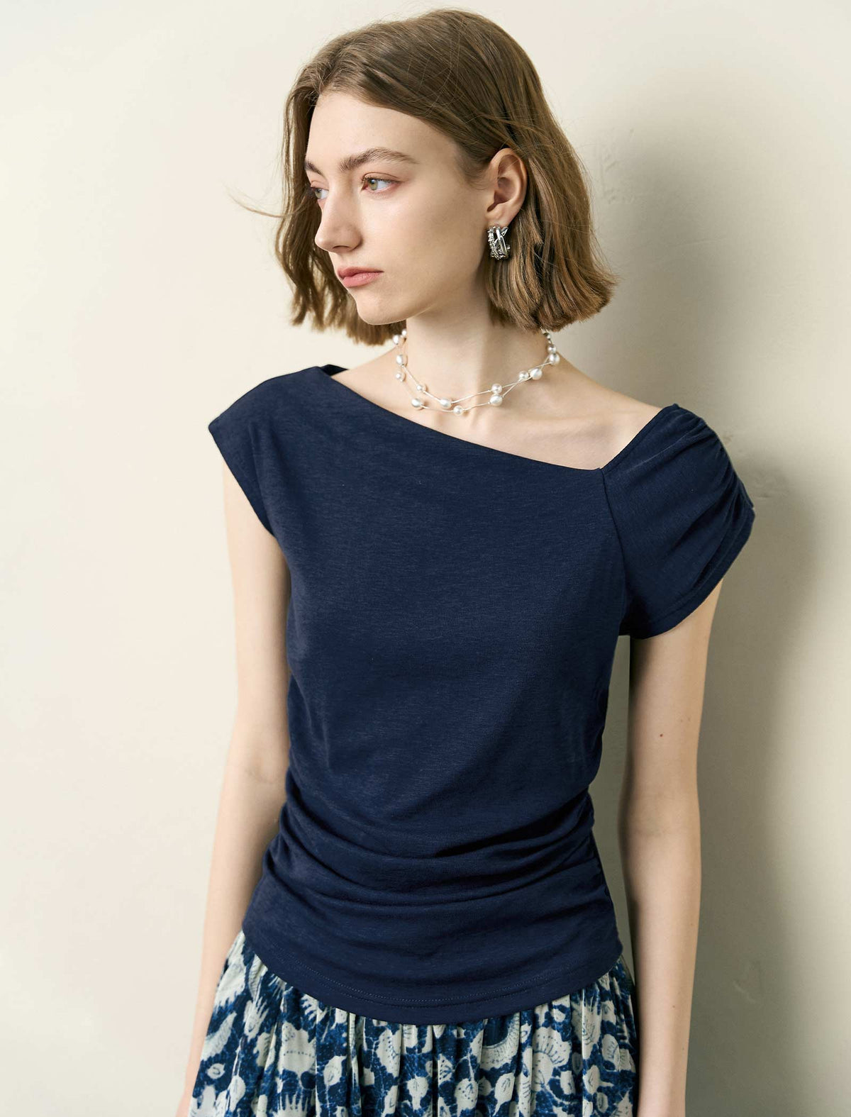 Navy Blue Asymmetric Neck Ruched Knit Top