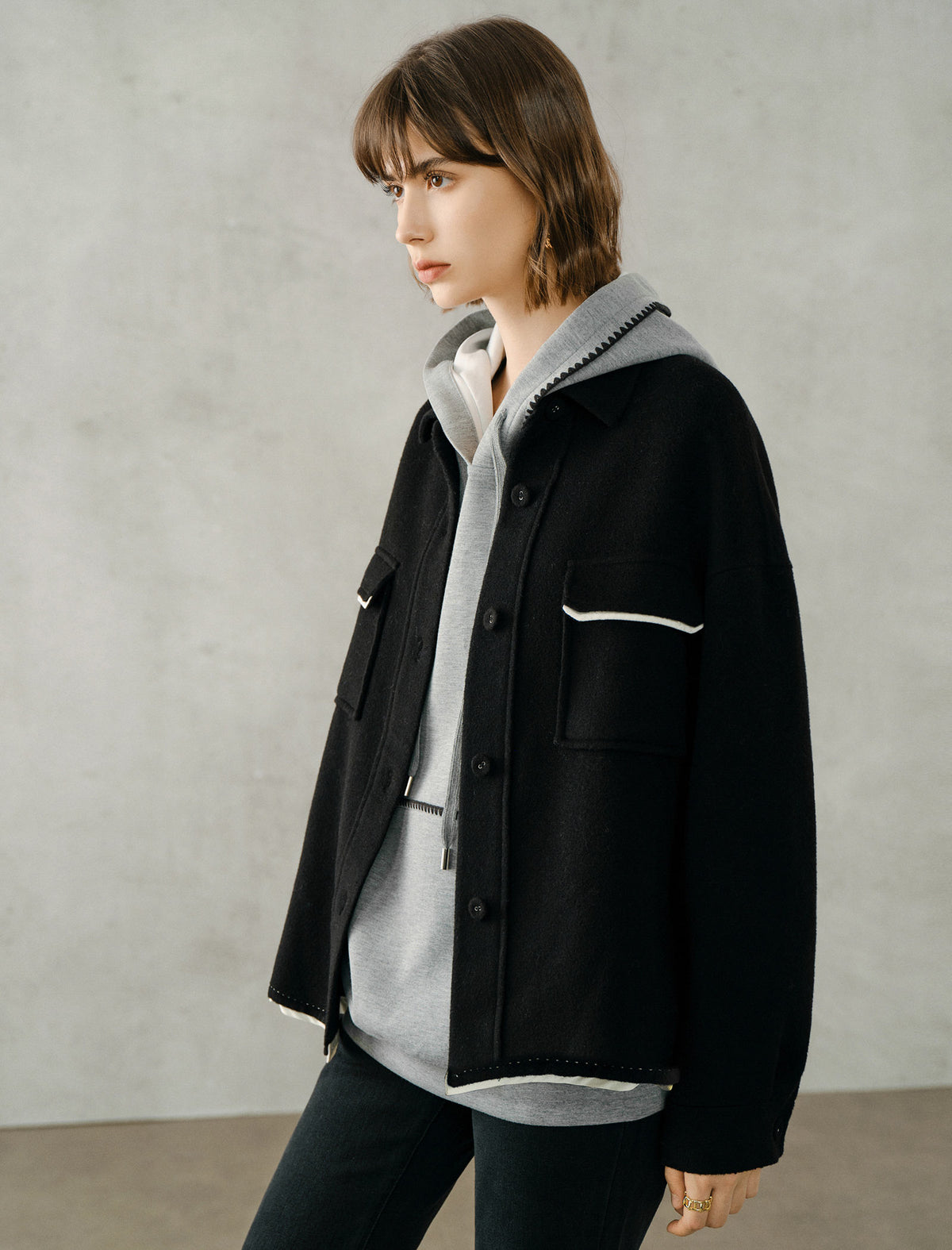 100% Wool Contrast Detail Shirt Jacket