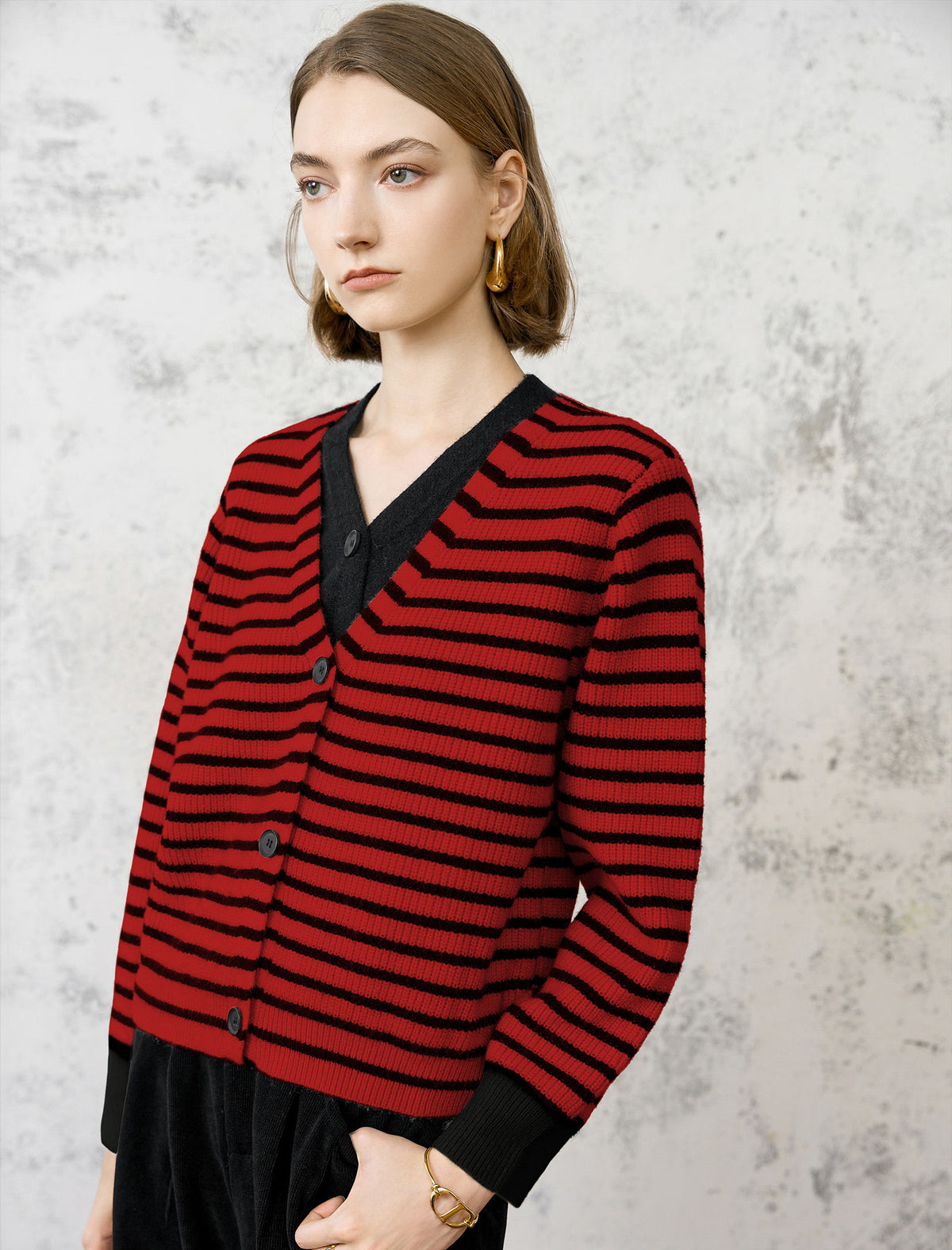 Striped V Neck Button-Front Layered Look Top