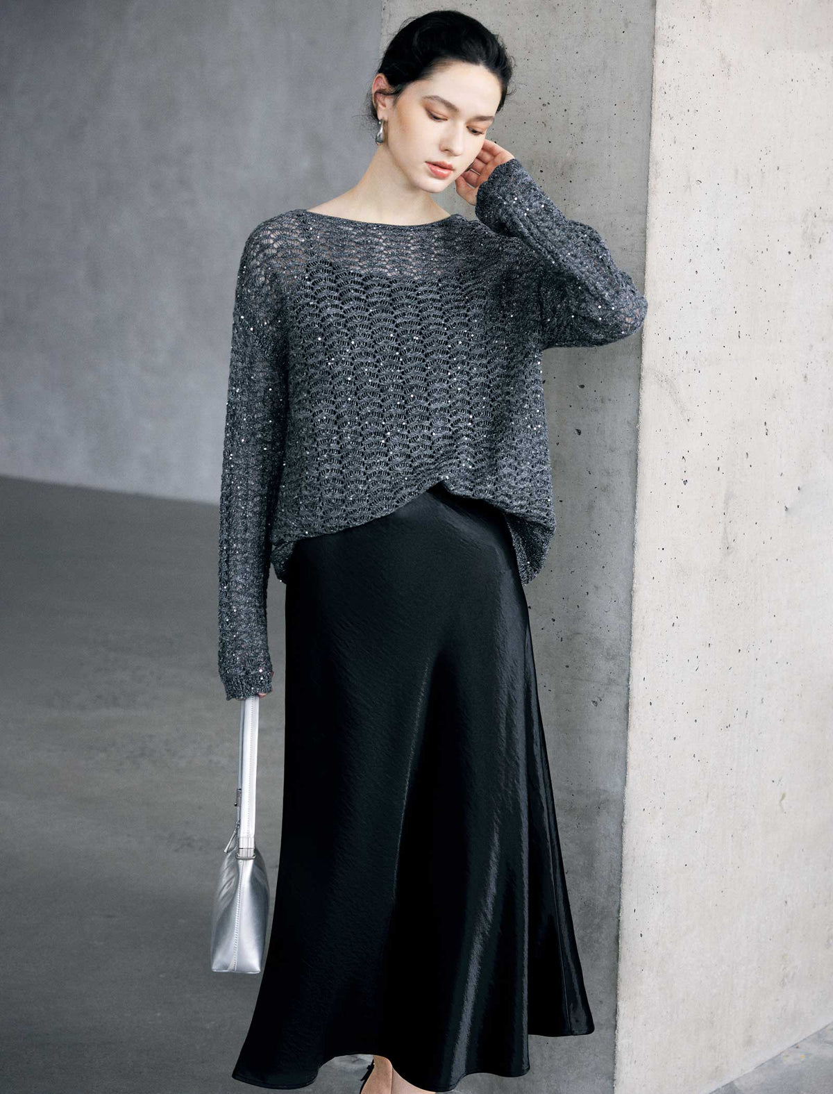 Vintage Black Shiny Satin Midi Skirt