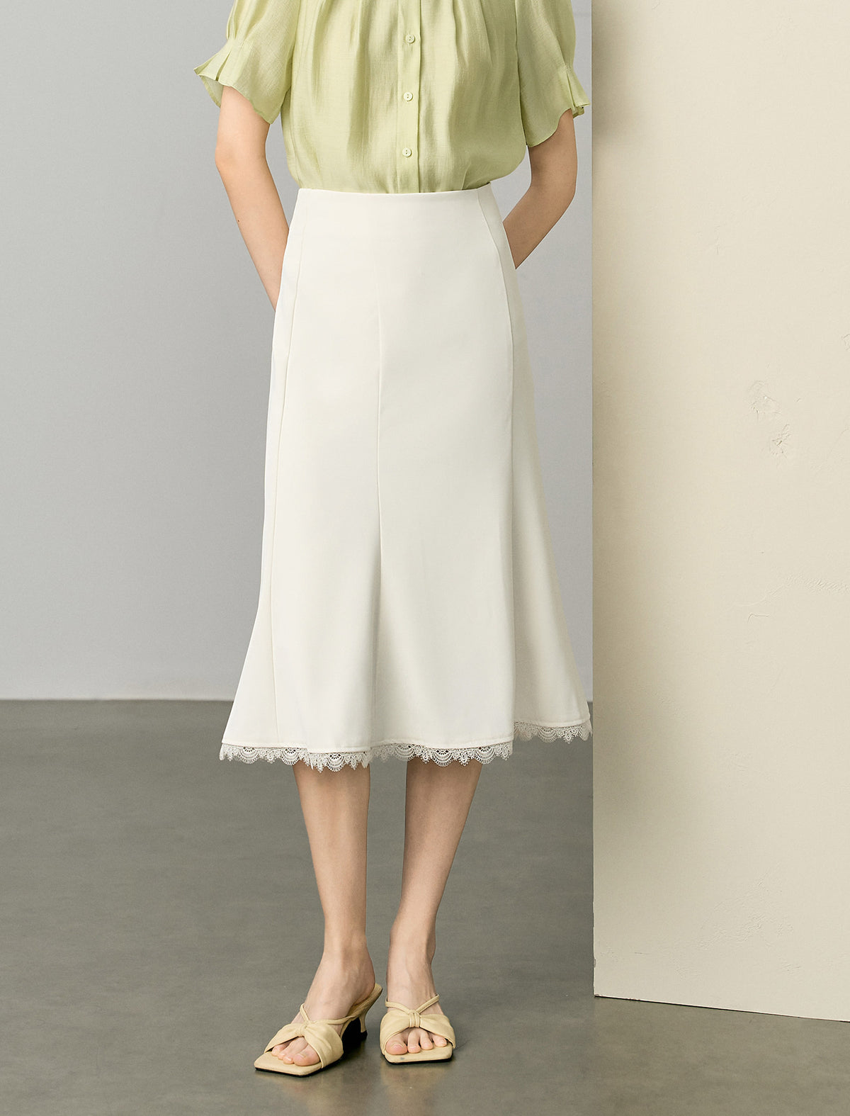 Lace Trim A-Line Midi Skirt