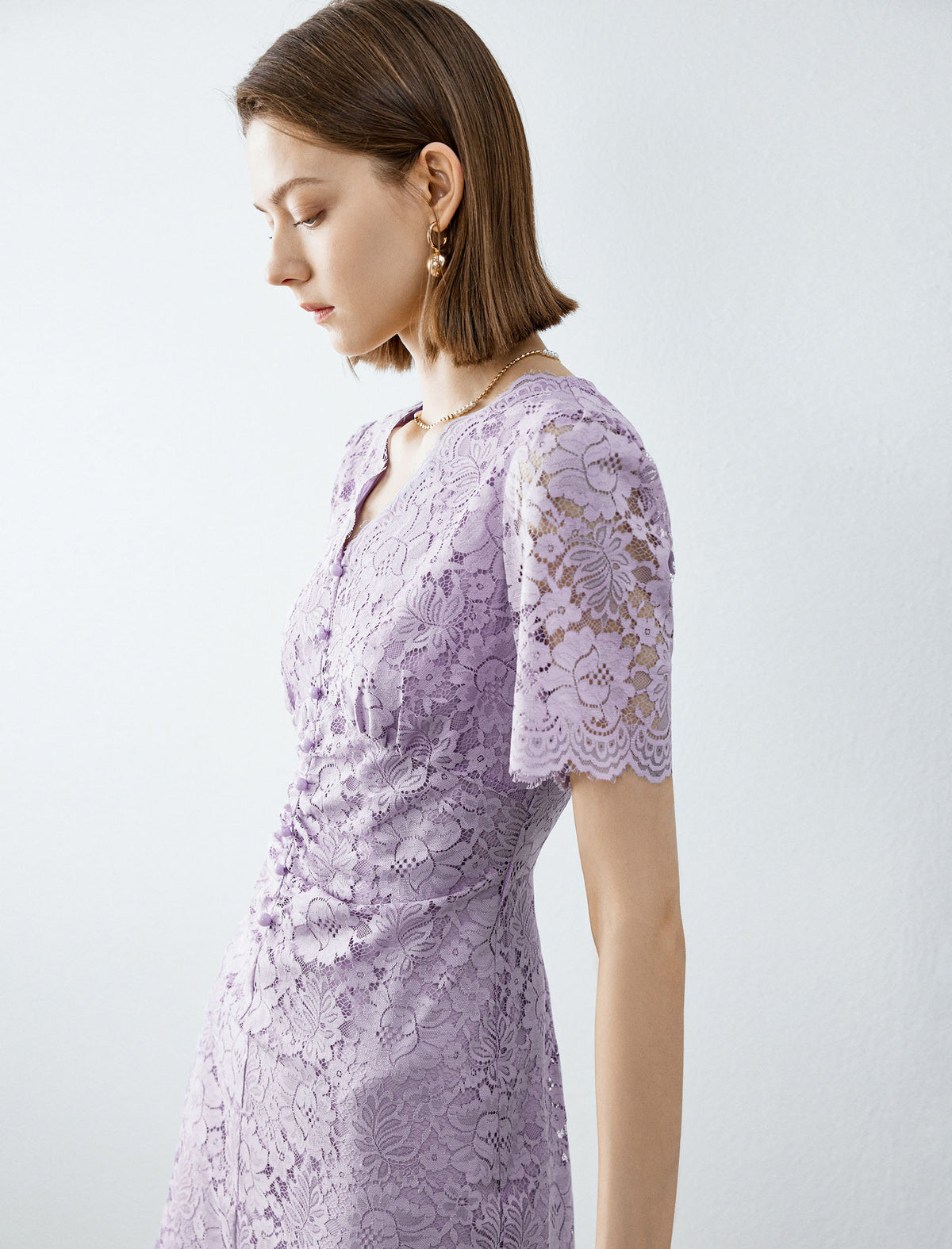 V-Neck Lilac Lace Midi Dress