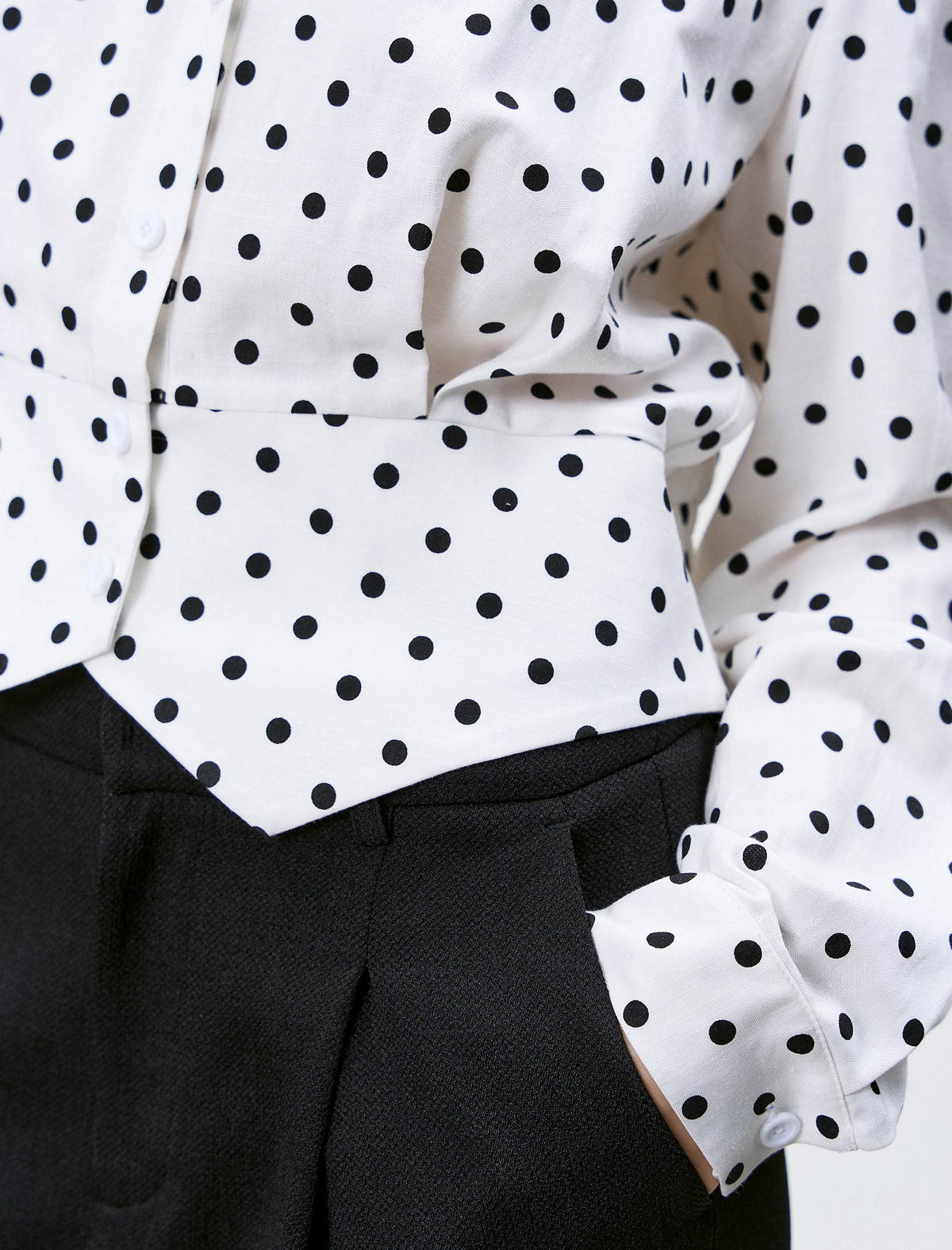 Polka Dot Waist-Cinched Tencel Linen Blouse