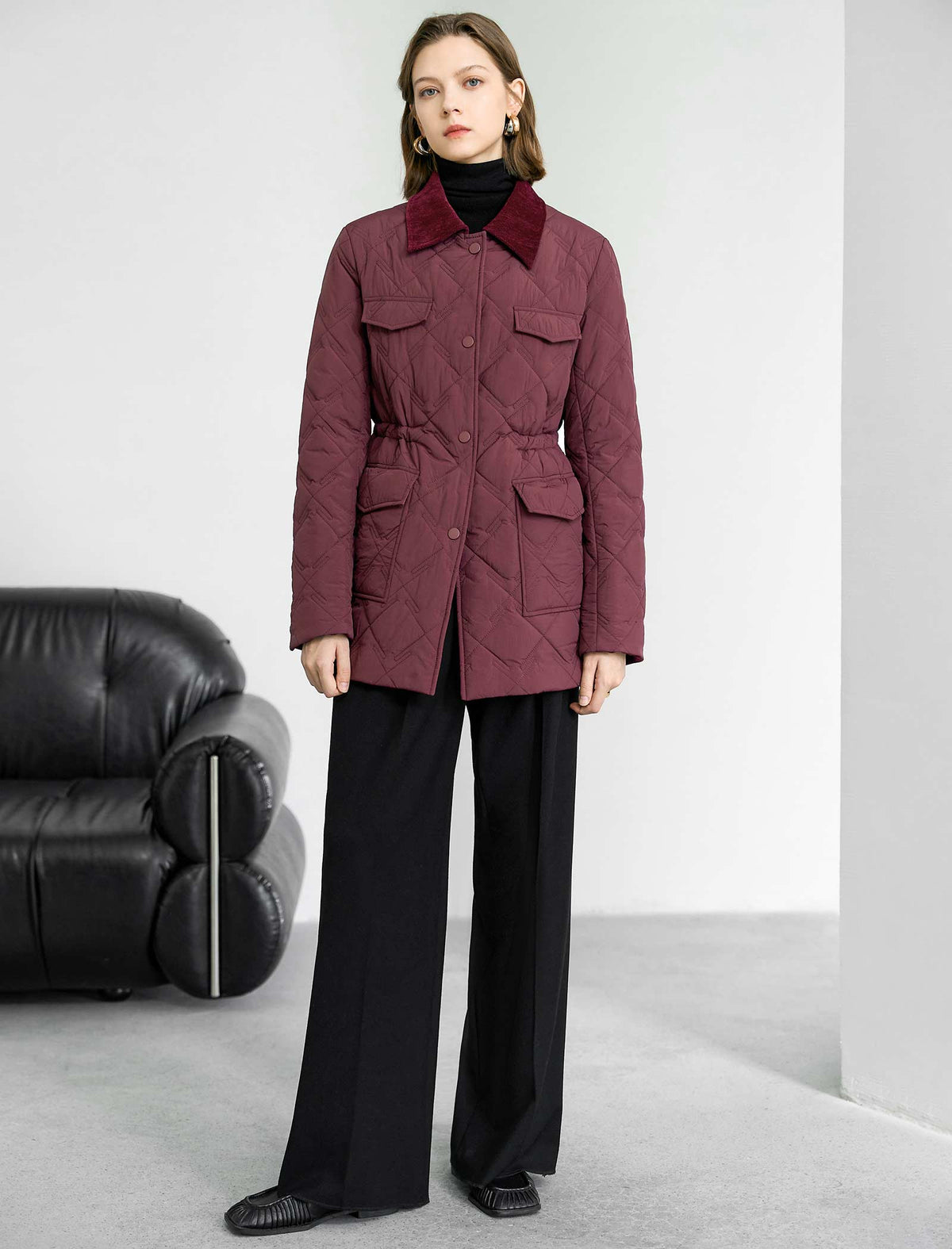 Burgundy Velvet Collar Quilted Jacket