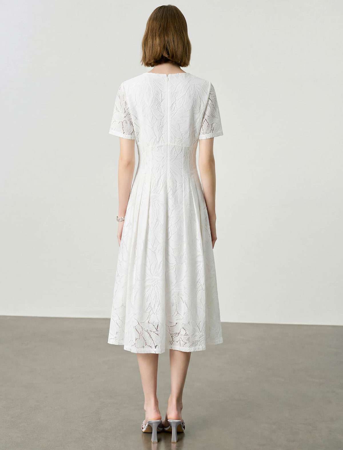 White Floral Lace Short Sleeve Fit And Flare Midi Dress