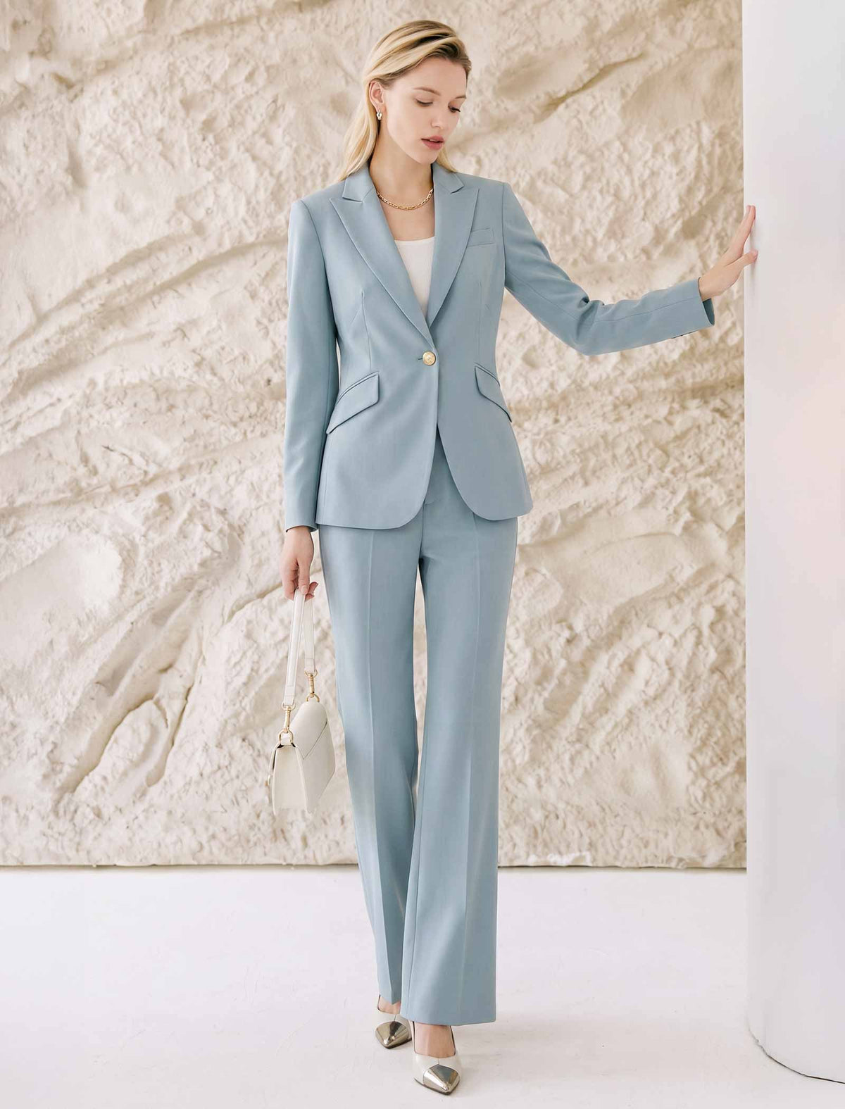 Light Sky Blue High Waist Front Crease Flare Suit Pants